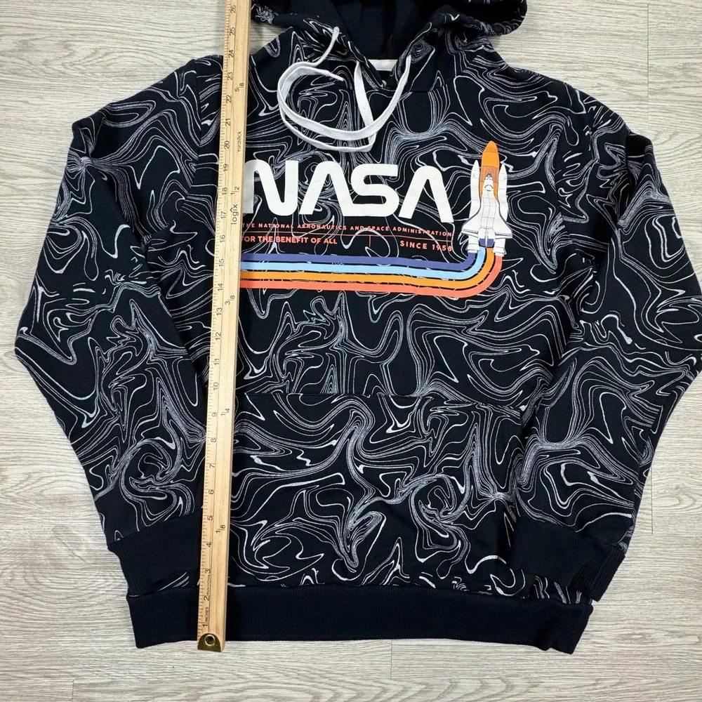 NASA Men's Hoodie Marble Swirl All Over Print Black Small Space Shuttle Graphic